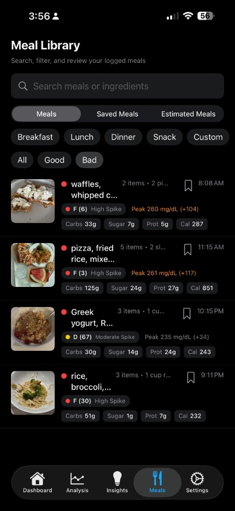 Meal Library showing bad meals with high glucose spikes