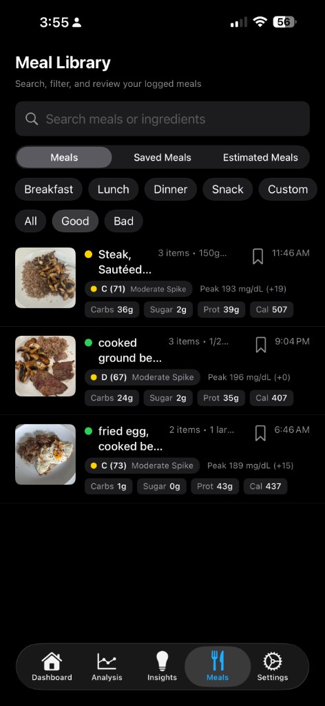 Meal Library showing good meals with moderate glucose impact