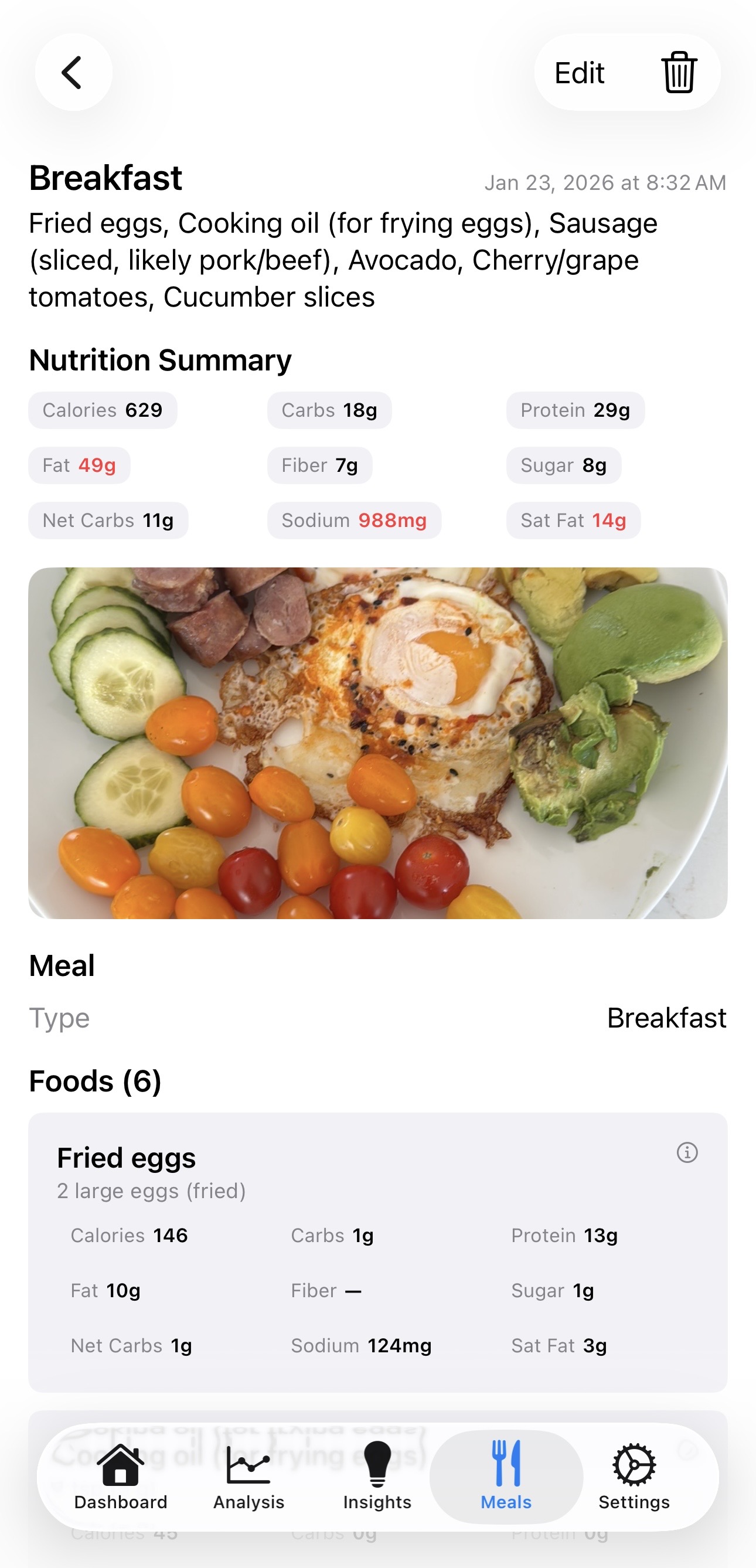 GlucoseAITracker meal analysis screen